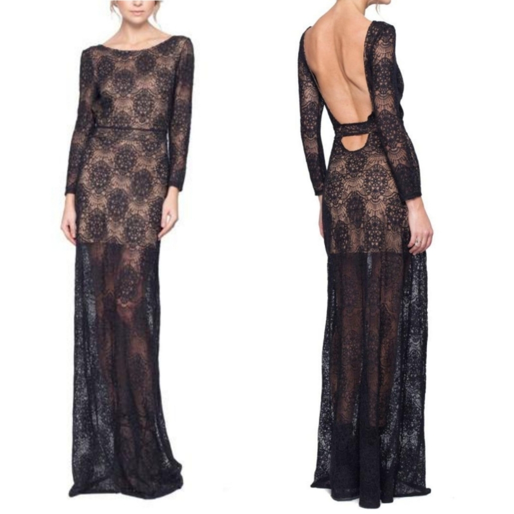 Gentle Fawn Black Lace Floor Length Dress Long Sleeve Plunge Open Back 6 Gown